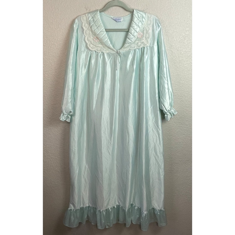 Vtg Stardust Blue Satin Ruffled Lace Collar Granny Nightgown Lg Tradwife Romanti